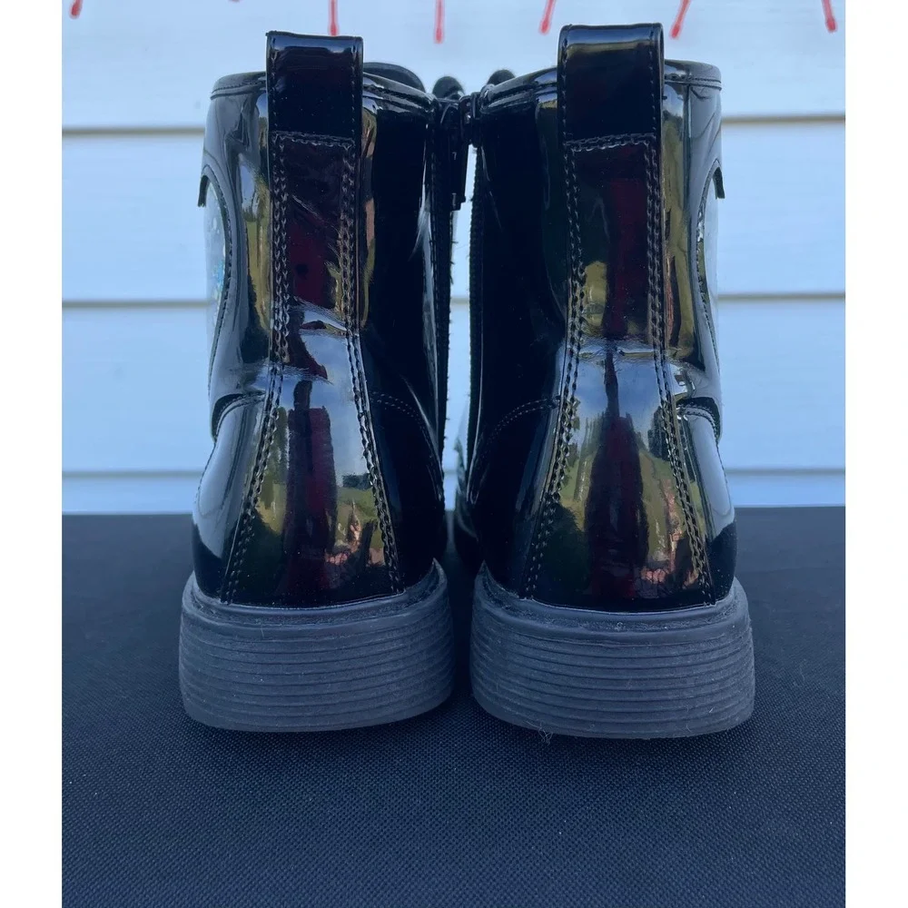 The Children's Place Girls Black Patent Combat Boots Glitter Heart Size 5